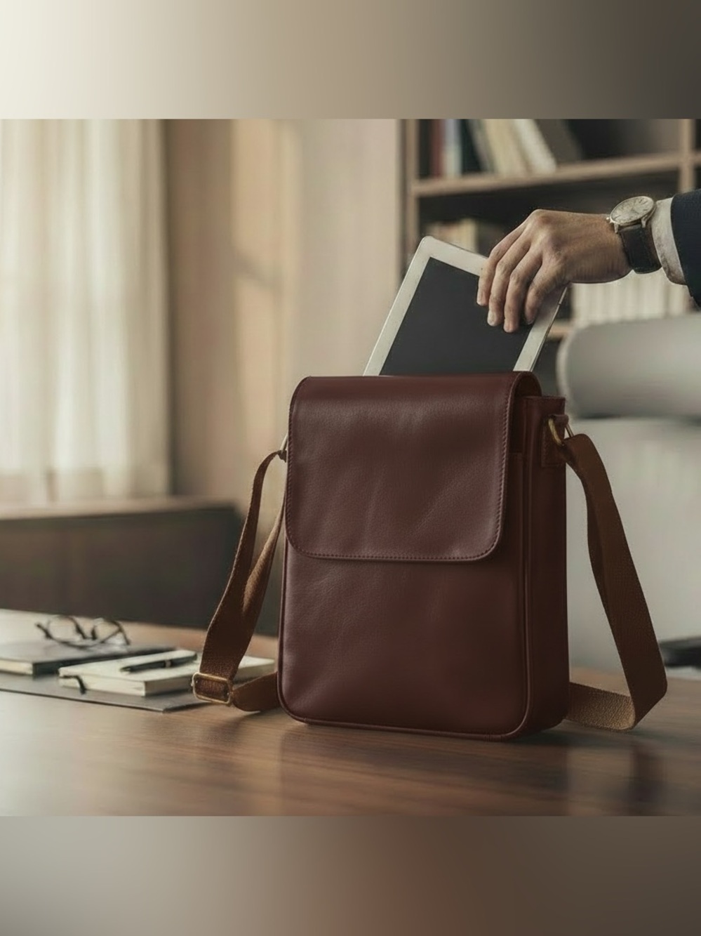 SCHLATUM Men's Cowhide Leather Messenger Bag